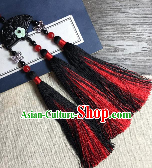 Traditional Chinese Hanfu Black Jade Carving Fan Waist Accessories Palace Red Tassel Pendant Ancient Swordsman Brooch