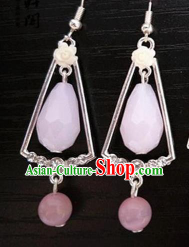 Chinese Traditional Hanfu Court Ear Accessories Ancient Princess Pink Stone Earrings for Women