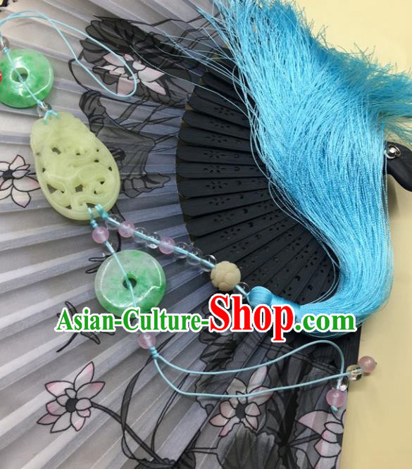 Traditional Chinese Hanfu Jade Carving Dragon Waist Accessories Palace Blue Tassel Pendant Ancient Swordsman Brooch