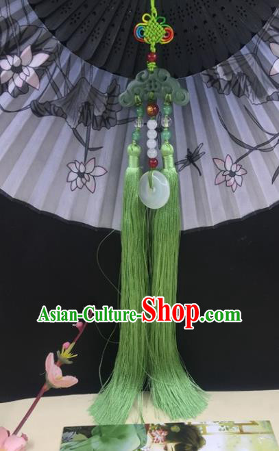 Traditional Chinese Hanfu Jade Carving Cloud Waist Accessories Palace Green Tassel Pendant Ancient Swordsman Brooch