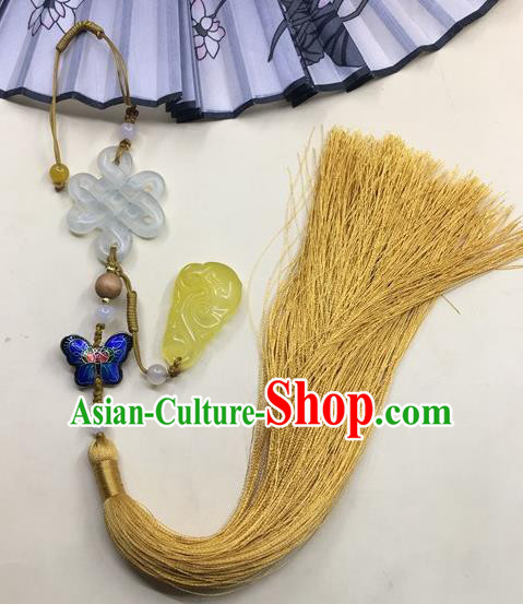 Traditional Chinese Hanfu Jade Carving Knot Waist Accessories Palace Yellow Tassel Pendant Ancient Swordsman Brooch