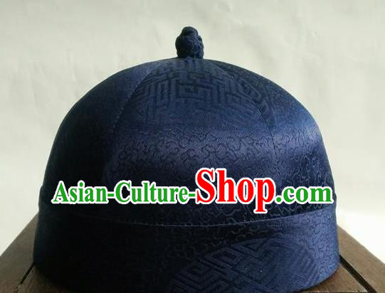 Chinese Traditional Handmade Qing Dynasty Prince Deep Blue Hat Ancient Drama Nobility Childe Headwear for Men