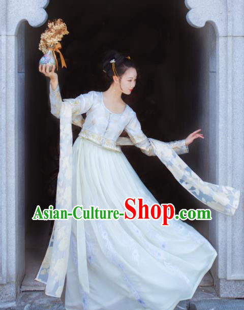 Traditional Chinese Tang Dynasty Court Lady Replica Costumes Ancient Palace Princess White Hanfu Dress for Women