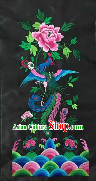 Chinese Traditional Embroidery Cloth Accessories National Embroidered Phoenix Peony Black Dress Patch