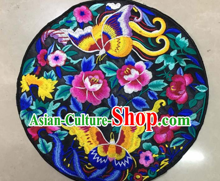 Chinese Traditional National Embroidered Butterfly Peony Black Applique Dress Patch Embroidery Cloth Accessories