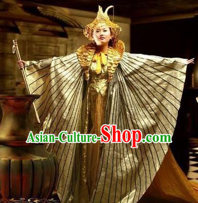 Traditional Egypt Priestess Costume Ancient Egypt Queen Golden Dress and Headdress for Women