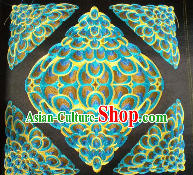 Chinese Traditional Embroidered Blue Peacock Feather Applique National Dress Patch Embroidery Cloth Accessories