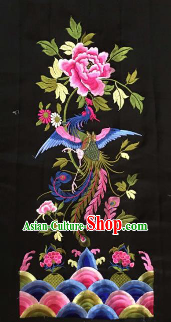 Chinese Traditional Embroidered Phoenix Peony Black Applique National Dress Patch Embroidery Cloth Accessories