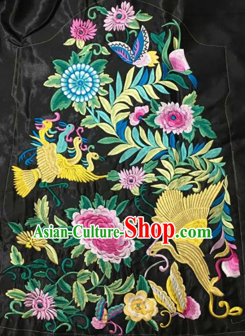 Chinese Traditional Embroidered Peony Crane Chrysanthemum Black Applique National Dress Patch Embroidery Cloth Accessories
