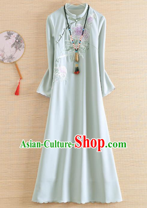 Chinese Traditional Tang Suit Embroidered Peony Green Cheongsam National Costume Qipao Dress for Women