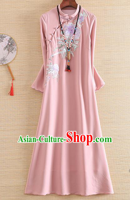 Chinese Traditional Tang Suit Embroidered Peony Pink Cheongsam National Costume Qipao Dress for Women