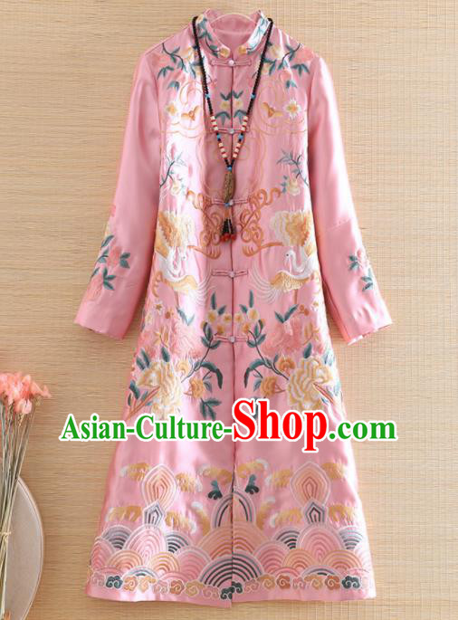 Chinese Traditional Tang Suit Embroidered Pink Coat National Costume Qipao Outer Garment for Women