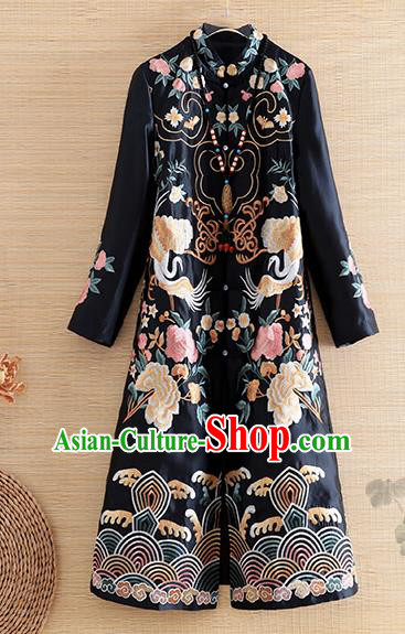 Chinese Traditional Tang Suit Embroidered Black Coat National Costume Qipao Outer Garment for Women