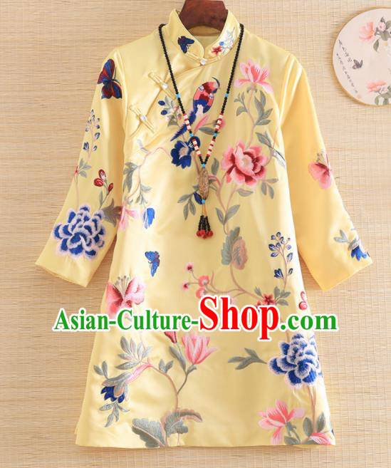 Chinese Traditional Tang Suit Embroidered Peony Yellow Blouse National Costume Qipao Upper Outer Garment for Women