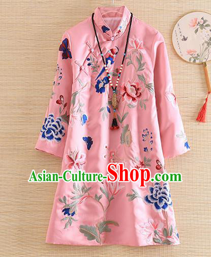 Chinese Traditional Tang Suit Embroidered Peony Pink Blouse National Costume Qipao Upper Outer Garment for Women