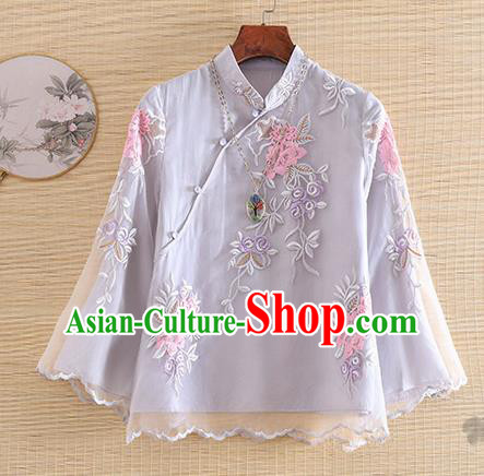 Chinese Traditional Tang Suit Embroidered Lilac Blouse National Costume Qipao Upper Outer Garment for Women