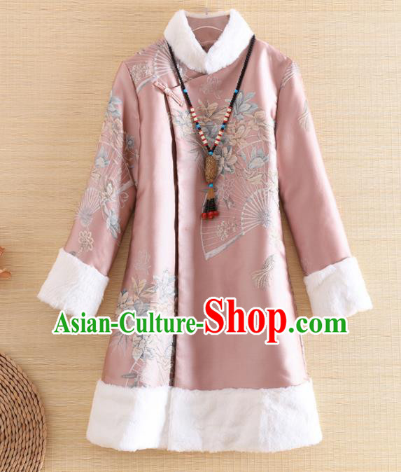 Chinese Traditional Tang Suit Printing Pink Jacket National Costume Qipao Upper Outer Garment for Women