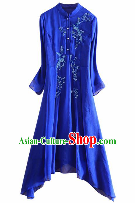 Chinese Traditional Tang Suit Embroidered Royalblue Cheongsam National Costume Qipao Dress for Women