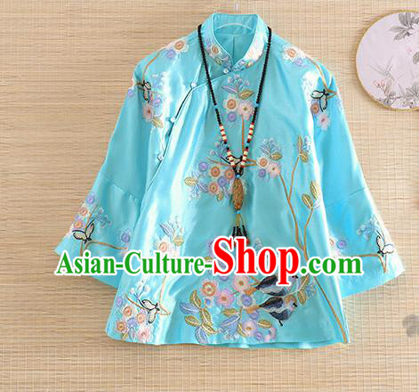 Chinese Traditional Tang Suit Embroidered Flowers Birds Blue Blouse National Costume Qipao Upper Outer Garment for Women