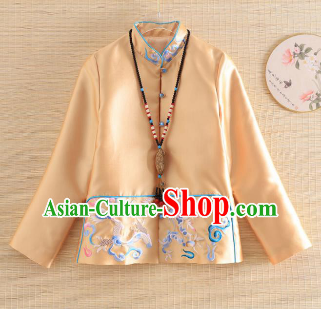 Chinese Traditional Tang Suit Embroidered Dragon Golden Jacket National Costume Qipao Upper Outer Garment for Women