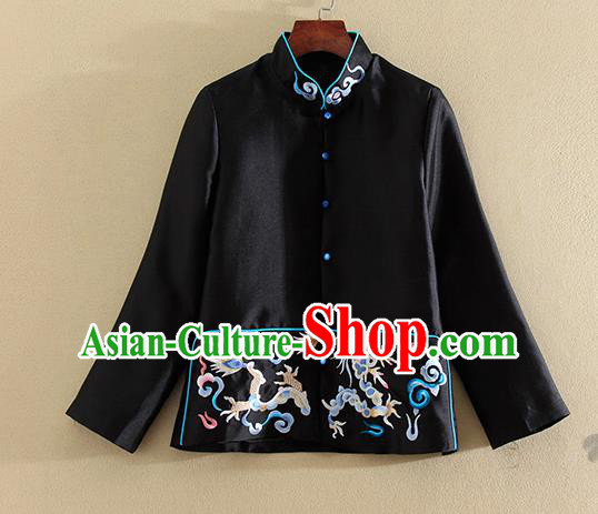 Chinese Traditional Tang Suit Embroidered Dragon Black Jacket National Costume Qipao Upper Outer Garment for Women