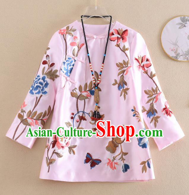 Chinese Traditional Tang Suit Embroidered Peony Pink Shirt National Costume Qipao Upper Outer Garment for Women