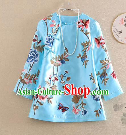 Chinese Traditional Tang Suit Embroidered Peony Blue Shirt National Costume Qipao Upper Outer Garment for Women