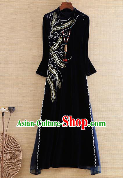 Chinese Traditional Tang Suit Embroidered Navy Velvet Cheongsam National Costume Qipao Dress for Women