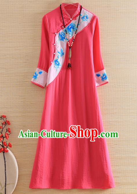 Chinese Traditional Tang Suit Embroidered Peony Peach Pink Cheongsam National Costume Qipao Dress for Women