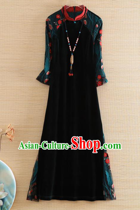 Chinese Traditional Tang Suit Embroidered Black Velvet Cheongsam National Costume Qipao Dress for Women