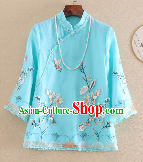 Chinese Traditional Tang Suit Embroidered Chrysanthemum Blue Shirt National Costume Qipao Upper Outer Garment for Women