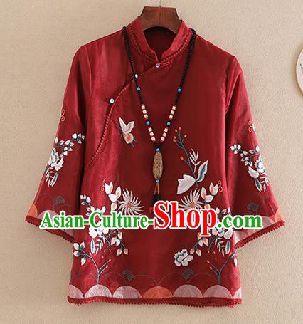 Chinese Traditional Tang Suit Embroidered Chrysanthemum Dark Red Shirt National Costume Qipao Upper Outer Garment for Women