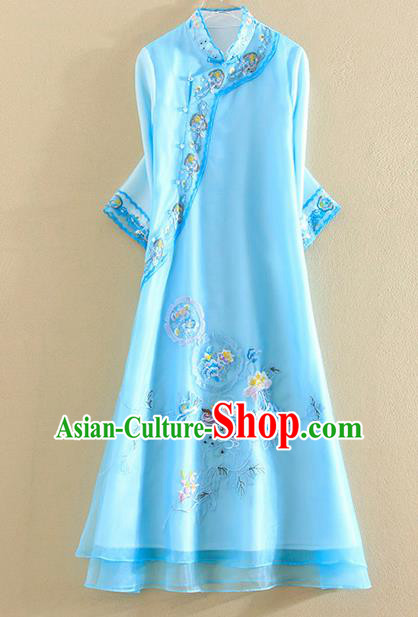 Chinese Traditional Tang Suit Embroidered Blue Organza Cheongsam National Costume Qipao Dress for Women