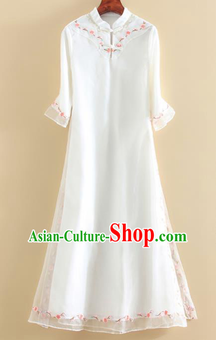 Chinese Traditional Tang Suit Embroidered Peach Flowers White Cheongsam National Costume Qipao Dress for Women