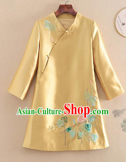 Chinese Traditional Tang Suit Embroidered Petunia Golden Jacket National Costume Qipao Upper Outer Garment for Women