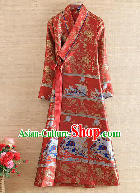 Chinese Traditional Tang Suit Red Brocade Cheongsam National Costume Qipao Dress for Women