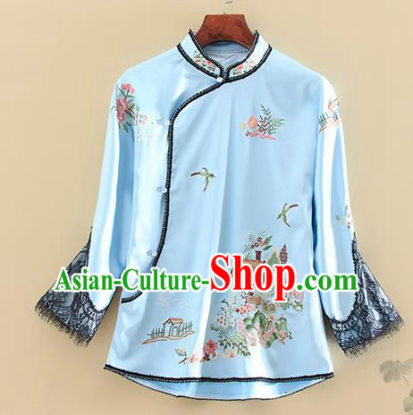 Chinese Traditional Tang Suit Embroidered Blue Shirt National Costume Qipao Upper Outer Garment for Women