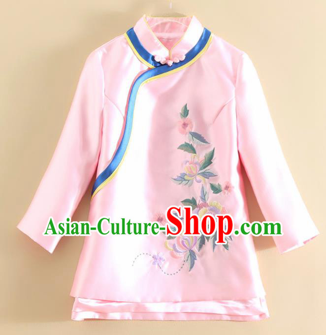 Chinese Traditional Tang Suit Embroidered Pink Satin Shirt National Costume Qipao Upper Outer Garment for Women