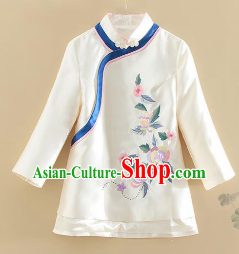 Chinese Traditional Tang Suit Embroidered White Satin Shirt National Costume Qipao Upper Outer Garment for Women