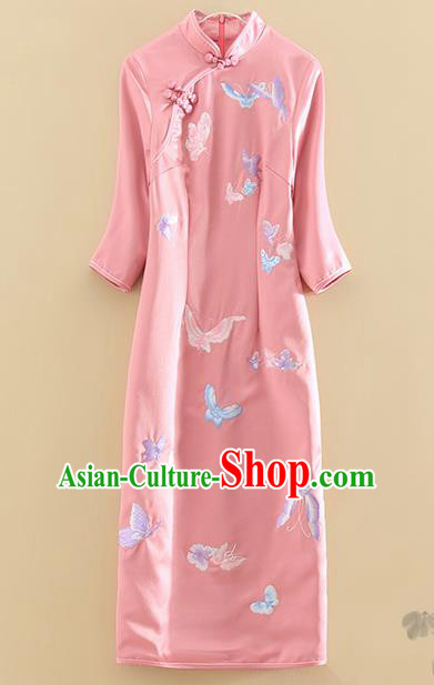 Chinese Traditional Tang Suit Embroidered Butterfly Pink Cheongsam National Costume Qipao Dress for Women