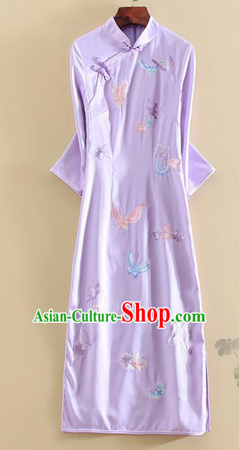 Chinese Traditional Tang Suit Embroidered Butterfly Purple Cheongsam National Costume Qipao Dress for Women