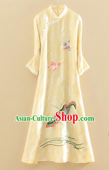 Chinese Traditional Tang Suit Embroidered Lotus Yellow Cheongsam National Costume Qipao Dress for Women