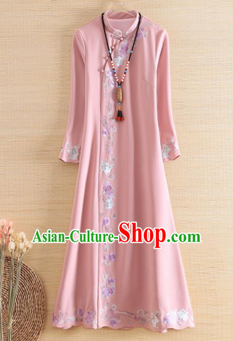 Chinese Traditional Tang Suit Embroidered Pink Cheongsam National Costume Qipao Dress for Women