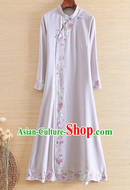 Chinese Traditional Tang Suit Embroidered Grey Cheongsam National Costume Qipao Dress for Women