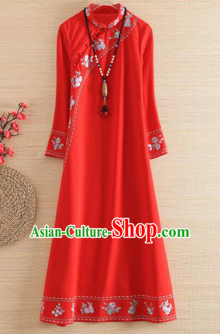 Chinese Traditional Tang Suit Embroidered Flowers Red Cheongsam National Costume Qipao Dress for Women