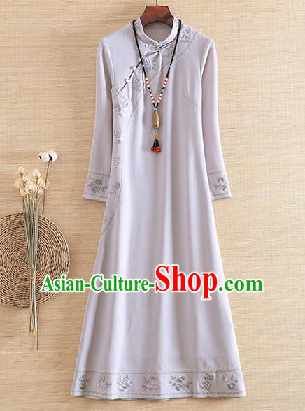 Chinese Traditional Tang Suit Embroidered Flowers Grey Cheongsam National Costume Qipao Dress for Women