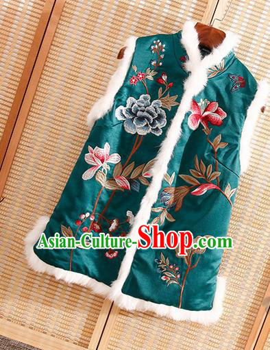 Chinese Traditional Embroidered Peony Green Vest National Dress Embroidery Waistcoat for Women