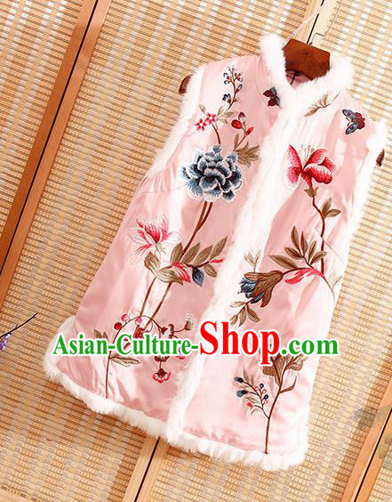 Chinese Traditional Embroidered Peony Pink Vest National Dress Embroidery Waistcoat for Women