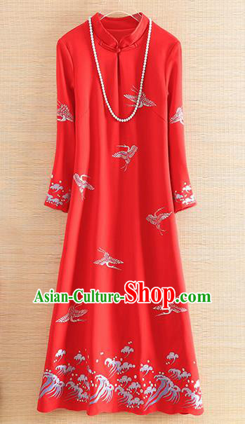 Chinese Traditional Red Cheongsam National Costume Embroidered Qipao Dress for Women