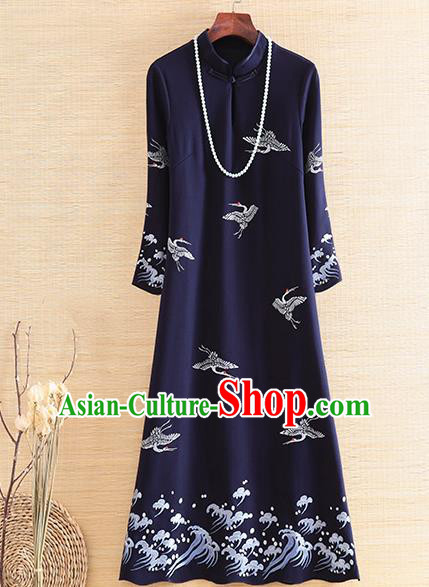 Chinese Traditional Navy Cheongsam National Costume Embroidered Qipao Dress for Women